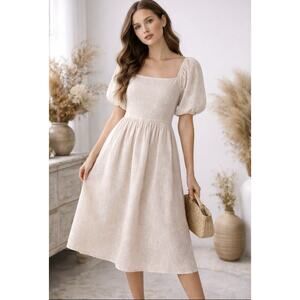 NWT Bohme Sz XL Karrie Champagne Embrd Lace Overlay Puff Slv Back Shirred Dress